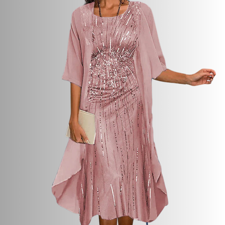 Chic women's 2-piece floral midi dress set, featuring a sheer cardigan for a modest yet elegant occasion wear.