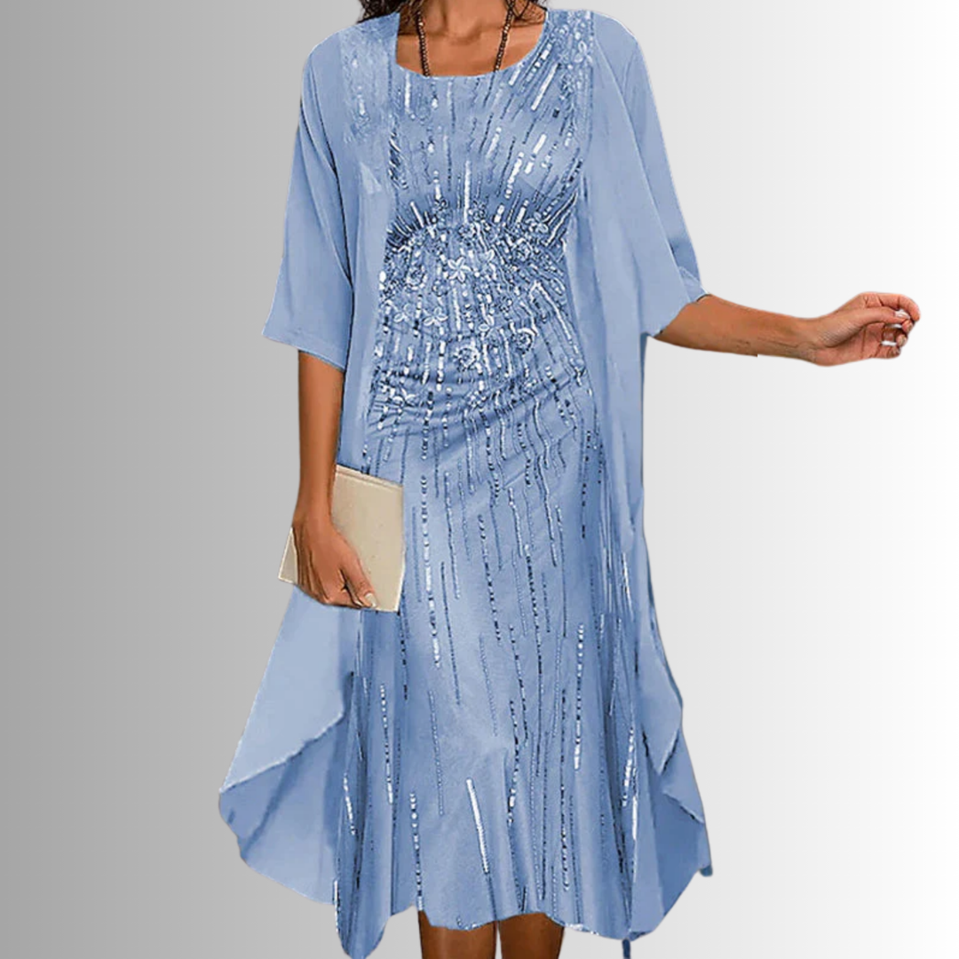 Lightweight women's floral midi dress set with a delicate sheer open-front cardigan, perfect for warm weather fashion.