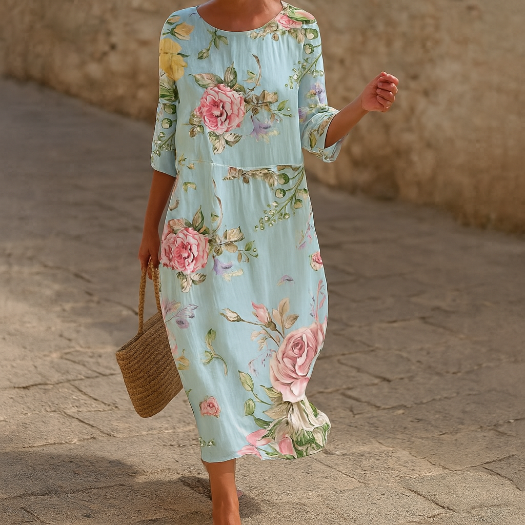 Elegant women's floral midi dress, perfect for summer parties. Flattering and comfortable blue/green design for any occasion.