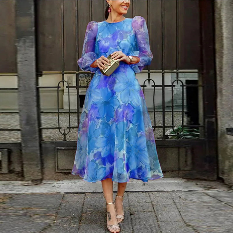Women's formal floral midi dress for wedding guests, an elegant evening wear party dress.