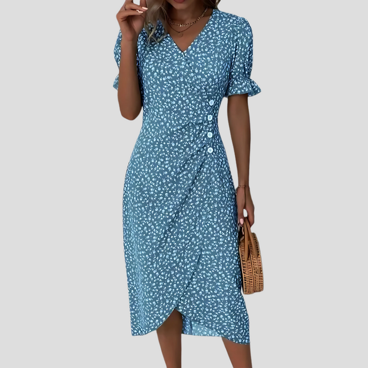 Elegant women's floral midi dress, V-neck, puff sleeves. Ideal for summer, beach, or casual spring fashion.