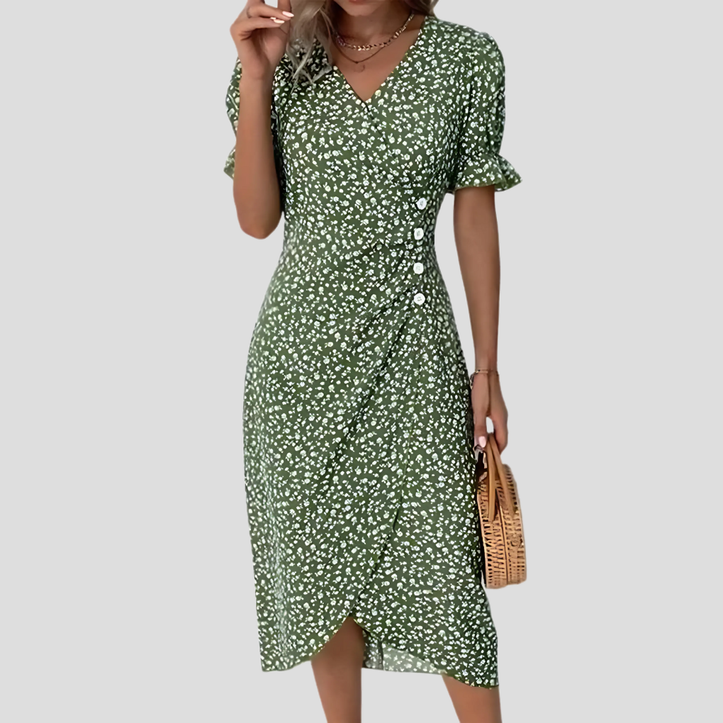 New women's elegant floral midi dress, V-neck & puff sleeves. Trendy for summer, spring, beach & casual wear.