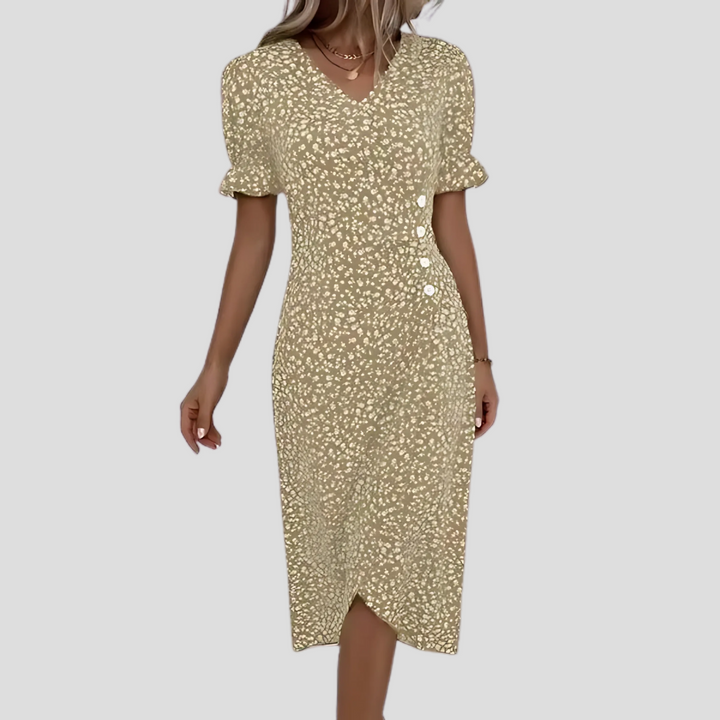 Stylish women's floral midi dress with puff sleeves & V-neck. Versatile A-line for summer, beach, or casual spring.