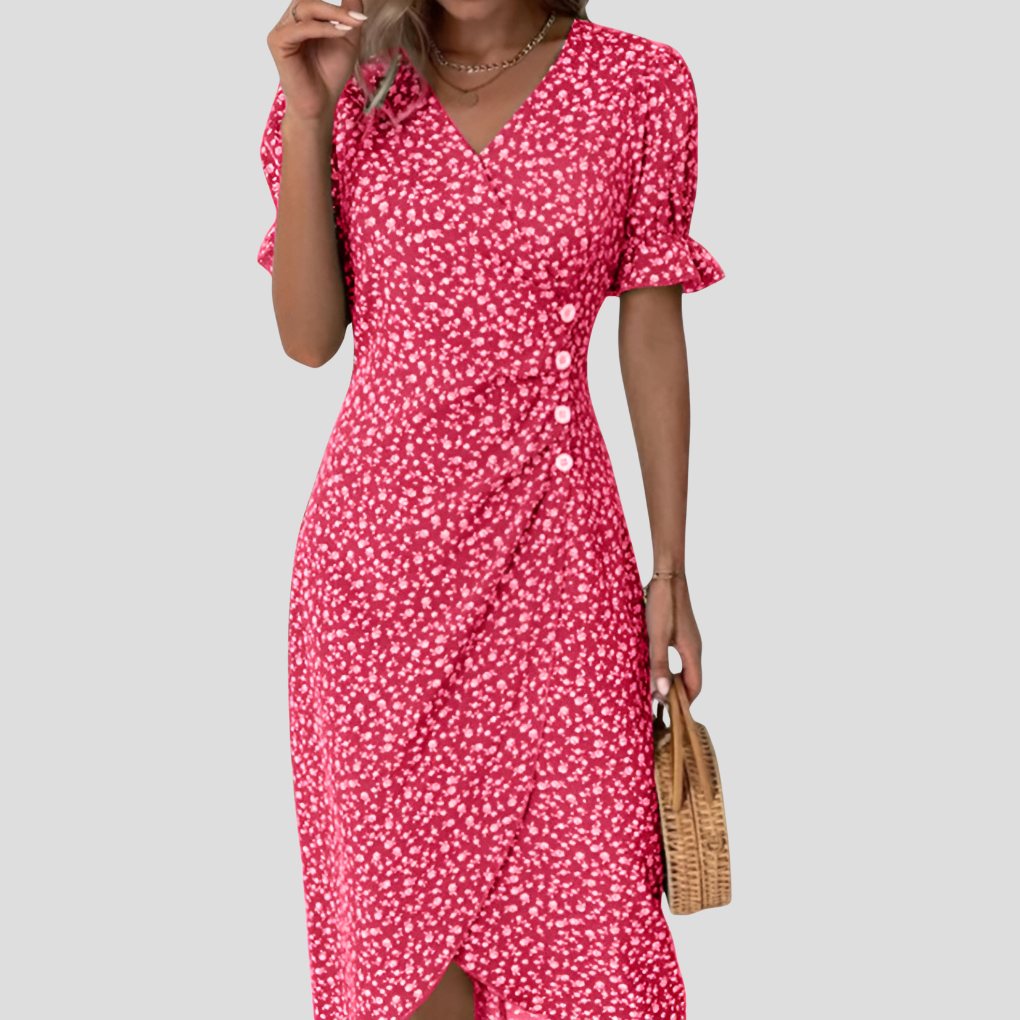 Gorgeous women's floral midi dress, perfect for summer. Elegant V-neck, puff sleeves. Great for beach & casual spring.