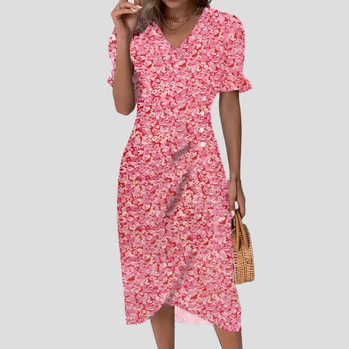 Women's elegant A-line floral midi dress. Features V-neck & puff sleeves, ideal for summer, spring & beach fashion.