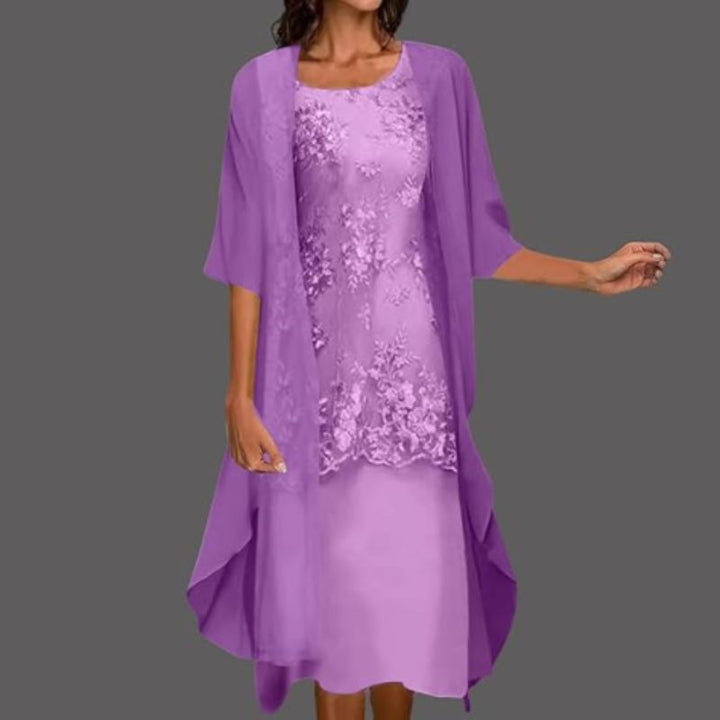 Stylish women's floral midi dress & sheer cardigan set, a perfect summer dress or elegant ensemble for events.