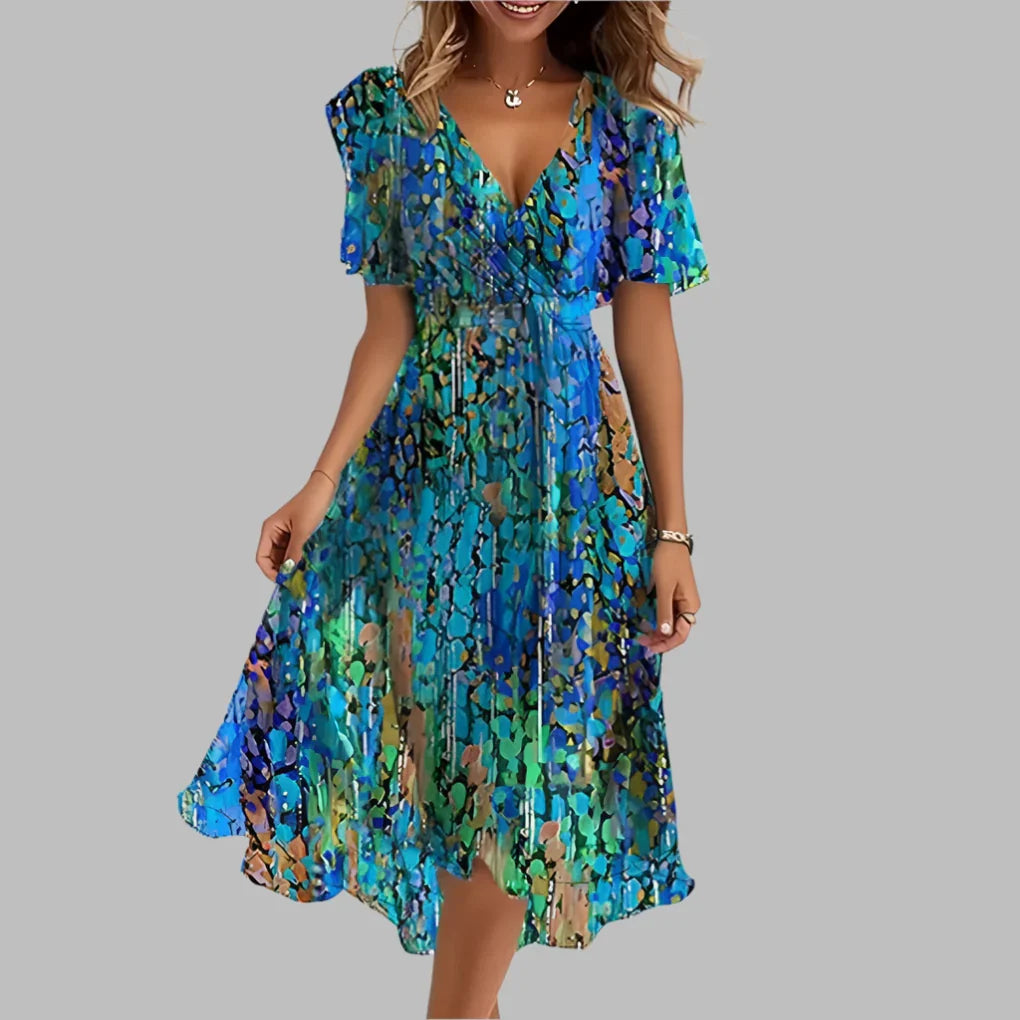 Elegant women's floral midi dress with flattering ruched details, perfect for spring & summer parties.