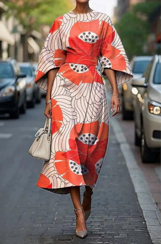 Formal women's midi dress, vibrant floral pattern, elegant kimono sleeves & cinching belt. Ideal for evening wear.