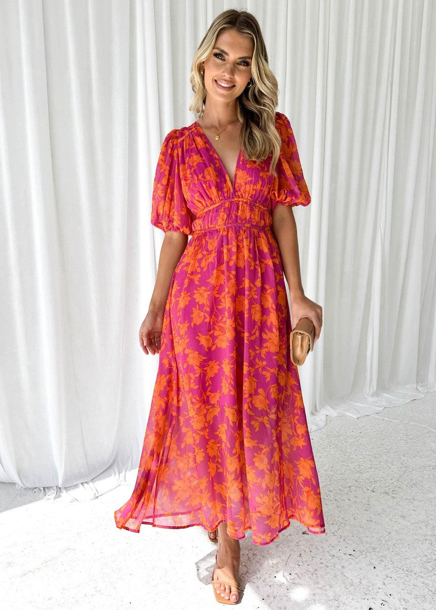 Elegant women's floral midi wrap dress with V-neck, puff sleeves; perfect wedding guest or summer special occasion attire.