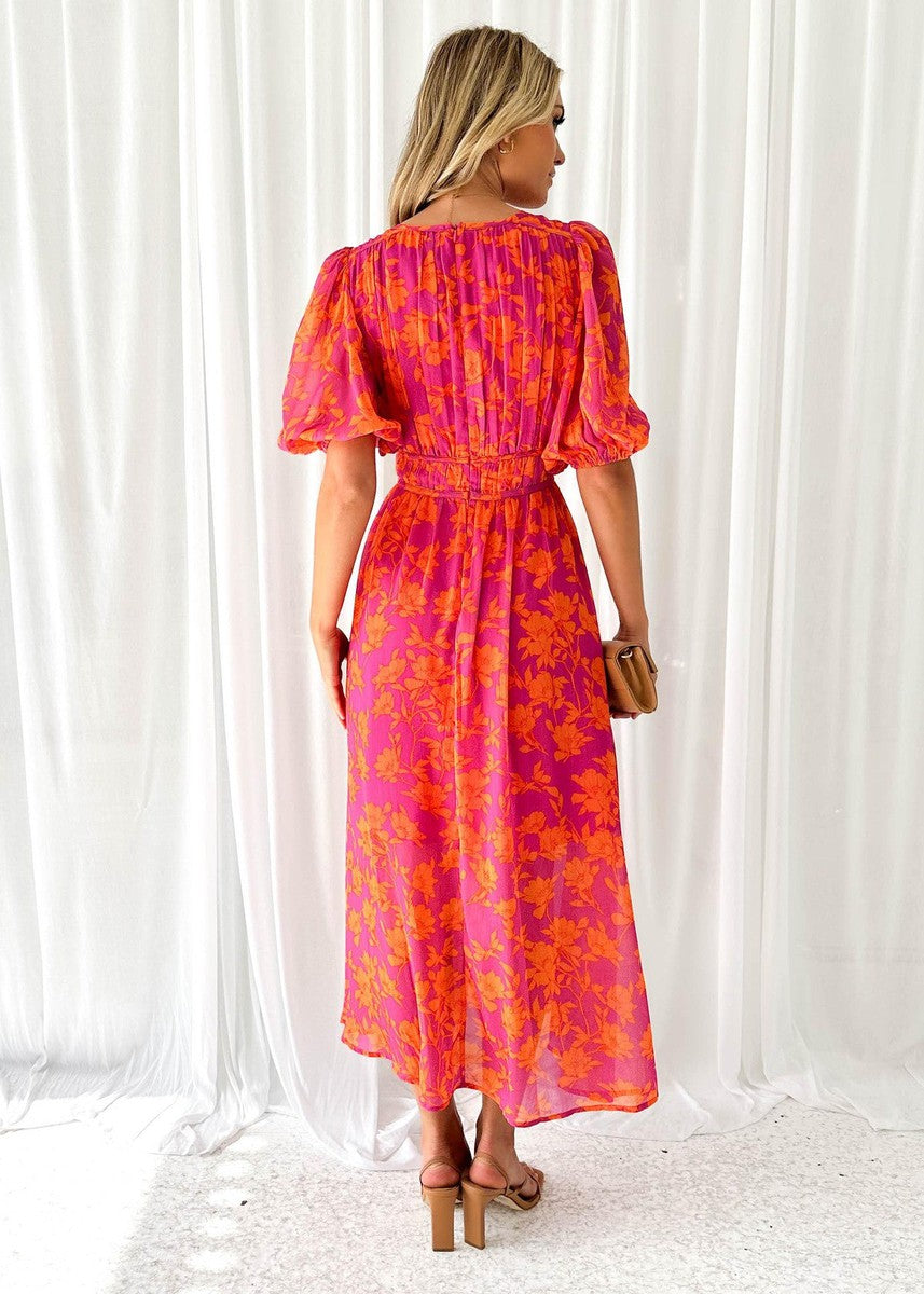 Wedding guest women's elegant floral midi dress, V-neckline & puff sleeves. Perfect stylish summer special occasion.