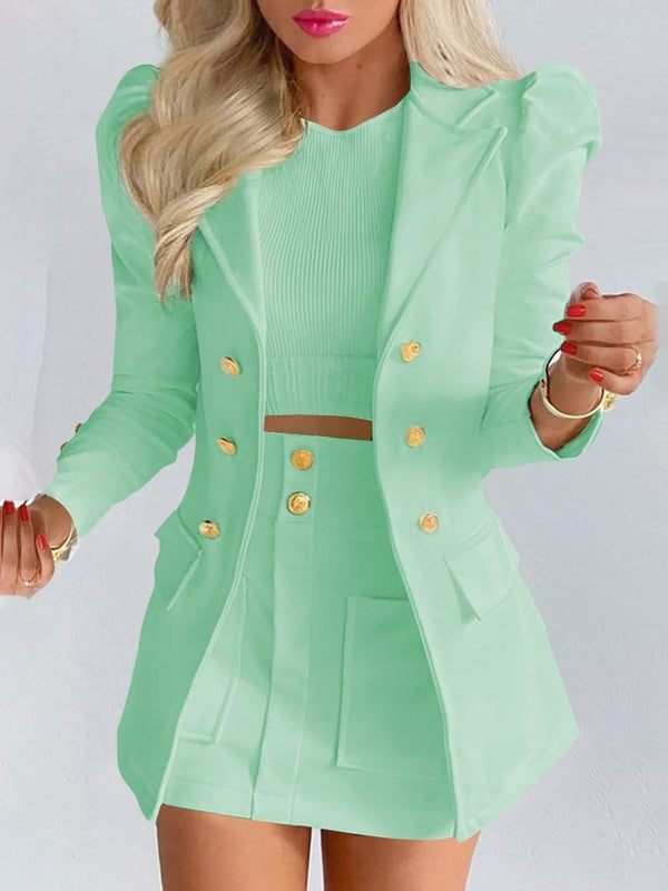 Full-length shot of the women's elegant floral print blazer and skirt co-ord set, front view.
