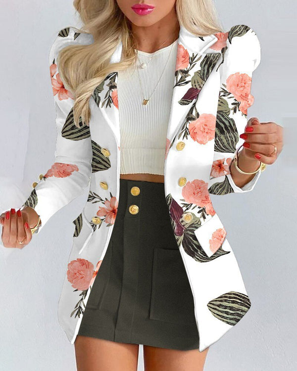 Women's elegant co-ord set with a floral print blazer and matching skirt, ideal for office.