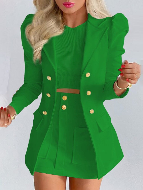 Professional women's formal wear: elegant floral blazer and skirt two-piece set.