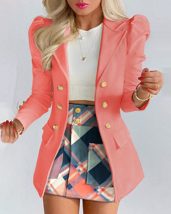 Side view of a woman wearing the elegant floral print blazer and skirt co-ord set.