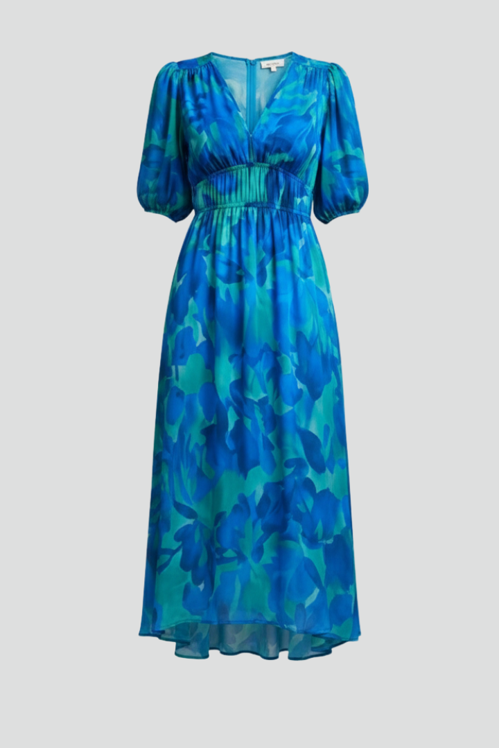 Elegant women's floral print midi dress with puff sleeves, V-neck & gathered waist, perfect for spring/summer events.