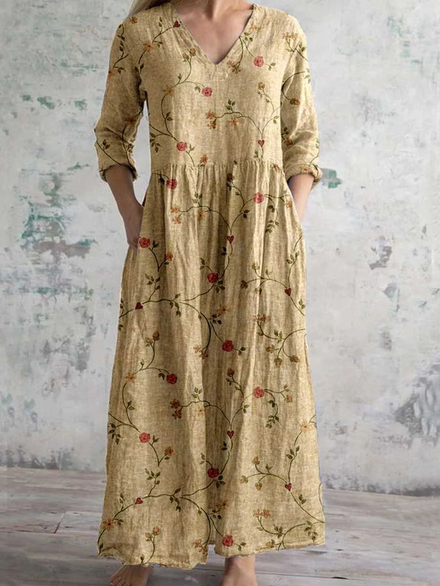 Stylish women's floral maxi dress with a flattering V-neck, long sleeves, and a comfortable relaxed fit for spring fashion.