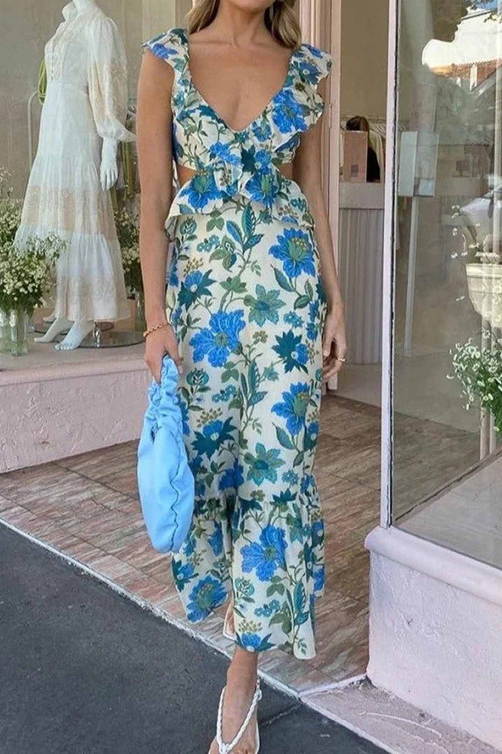 Flowing floral print maxi dress for women, featuring a stylish ruffle design