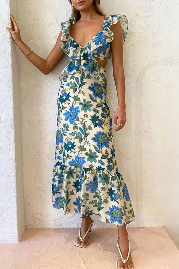 Summer-ready women's elegant ruffle maxi dress in a beautiful floral pattern