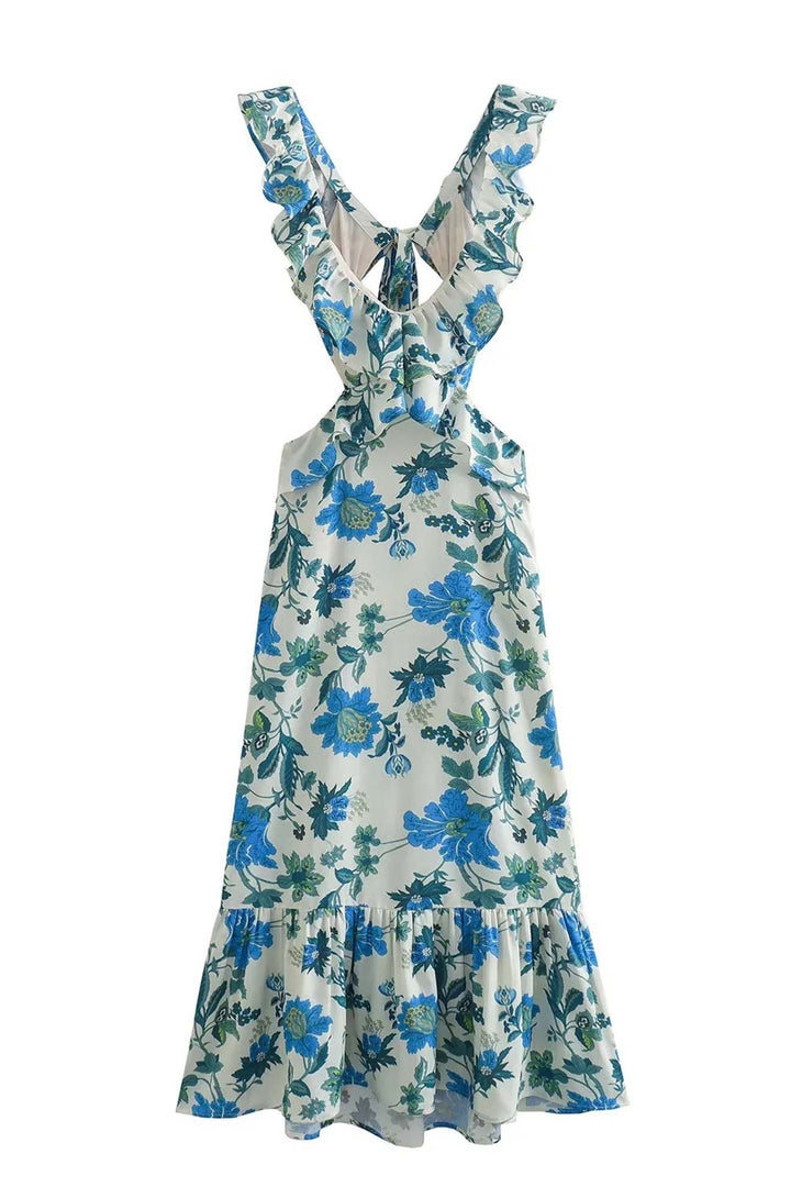 Spring occasion women's floral maxi dress with feminine ruffle details