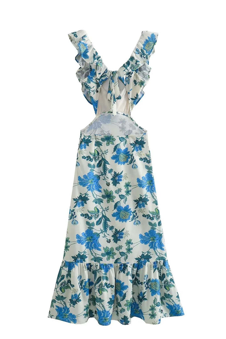 Women's long floral dress with cascading ruffles, ideal for elegant events