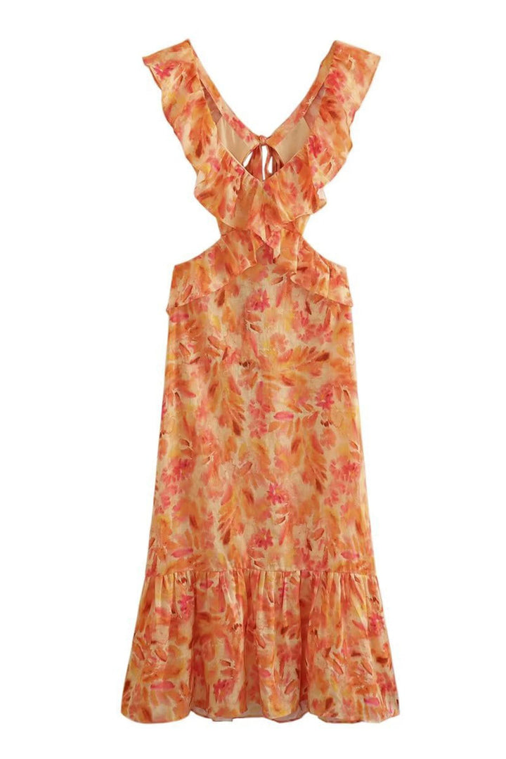 Stylish women's boho floral ruffle maxi dress, comfortable and chic