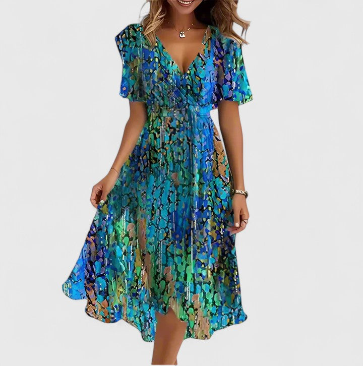 Elegant women's floral short dress with a V-neck and flutter sleeves, perfect for summer parties.
