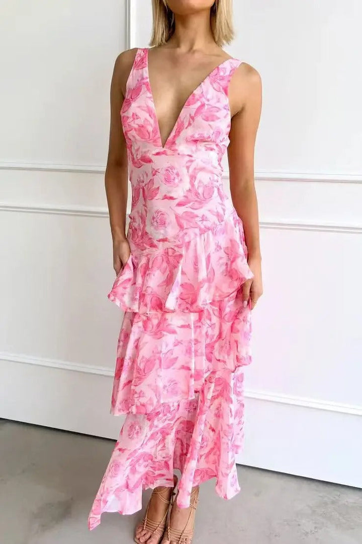 Sleeveless floral tiered maxi dress for women, combining elegance with a casual spring vibe.