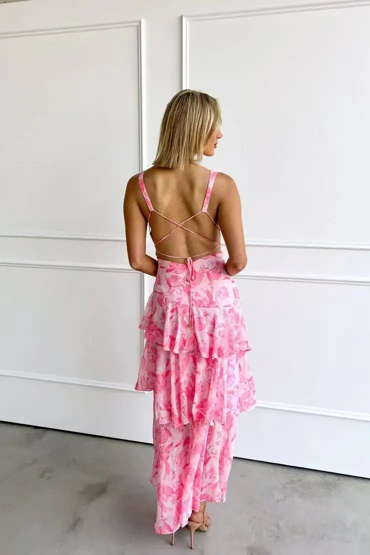 Floral tiered maxi dress, a must-have women's spring dress for elegant casual settings.