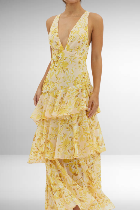 An elegant women's sleeveless floral tiered maxi dress, perfect for any spring occasion.