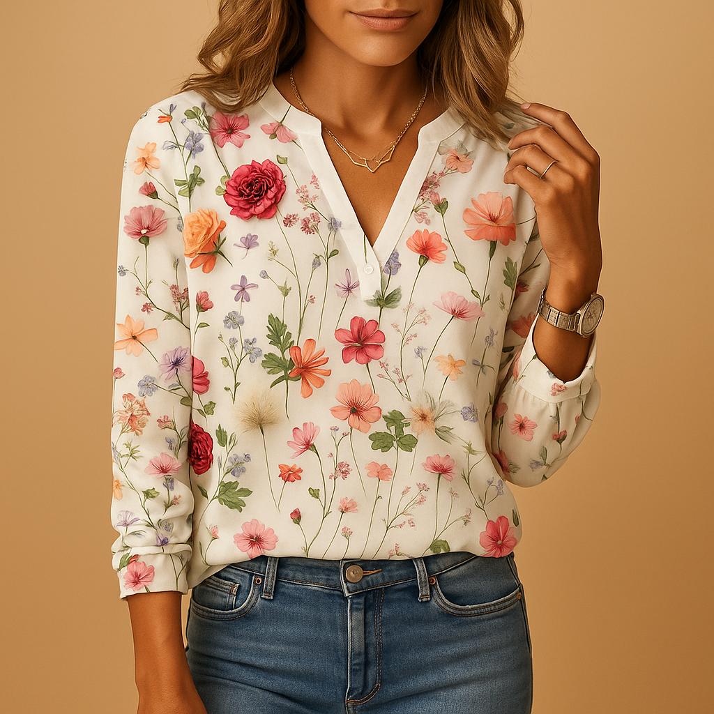 Elegant women's floral V-neck blouse, perfect for spring fashion & versatile casual or work wear.