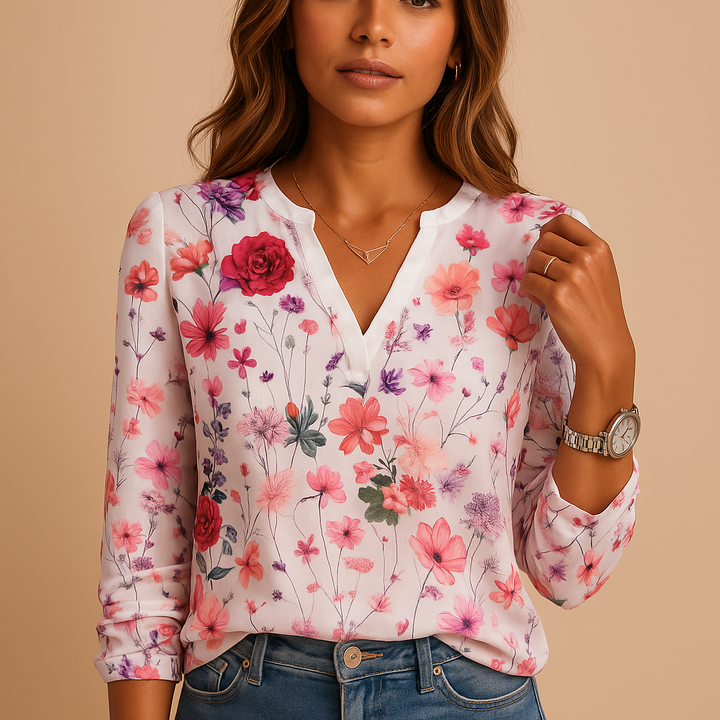 Stylish women's V-neck floral blouse with long sleeves, offering comfort for elegant spring & summer outfits.