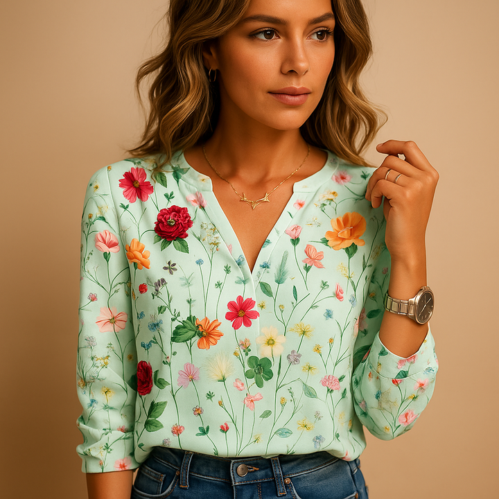Printed V-neck floral blouse for women. Long sleeve elegant top suitable for casual wear or professional work style.