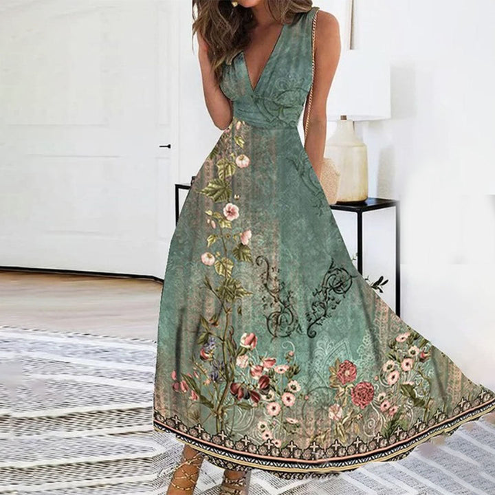 Women's floral print maxi dress with a flattering v-neck, ideal for elegant cocktail events.