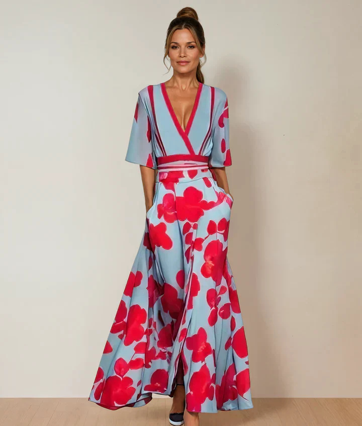 Elegant women's floral wrap maxi dress with V-neck, perfect for summer parties or beach occasions.