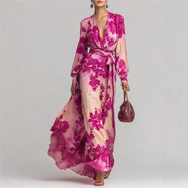 Elegant women's flowy floral maxi dress with vibrant print & V-neck, perfect for summer parties & special occasions.