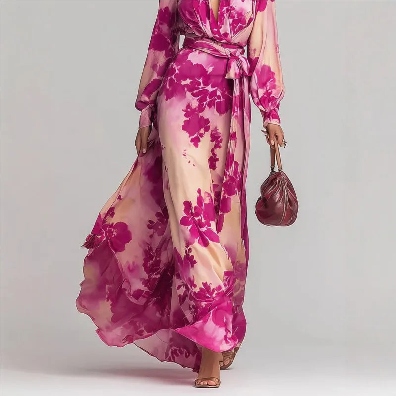 Close-up of a women's elegant flowy maxi dress fabric, showcasing a colorful floral print & graceful silhouette.