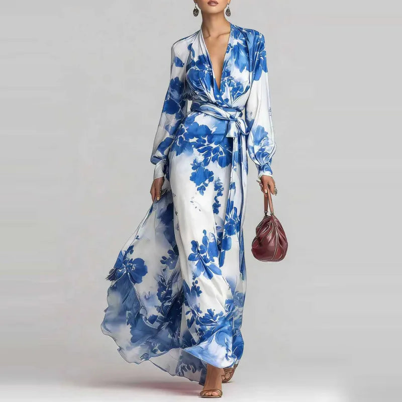 Stylish woman in a long flowy floral maxi dress, ideal for spring attire, summer events, or as an elegant party gown.