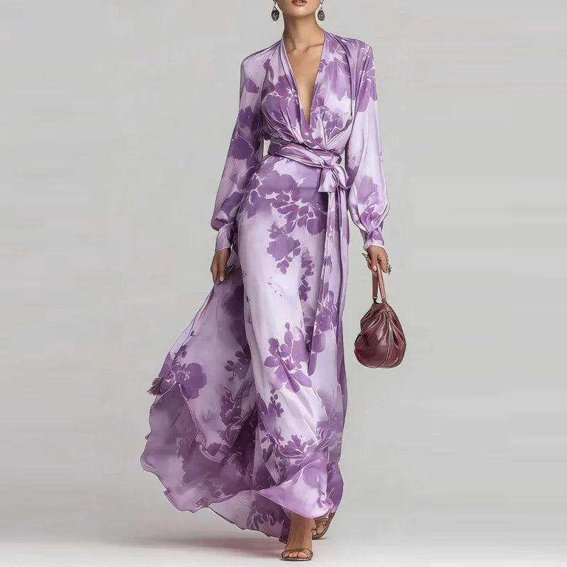 Beautiful V-neck flowy floral maxi dress for women, featuring a long, elegant silhouette & vibrant summer print.