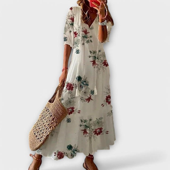 Stylish women's elegant flowy maxi dress, perfect for bohemian chic or comfortable everyday wear.