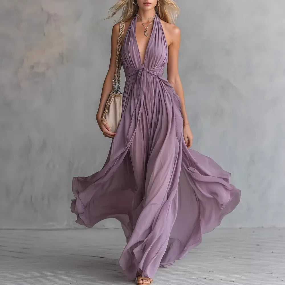 Elegant women's flowy maxi evening dress, perfect for special occasions. Long, sophisticated formal gown.