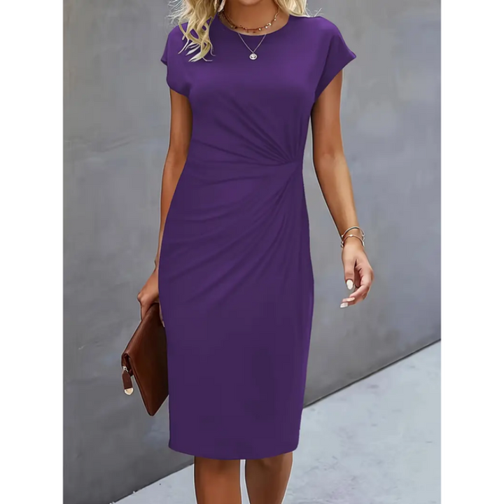 Elegant women's formal black ruched waist bodycon midi dress, perfect for evening wear & special occasions.
