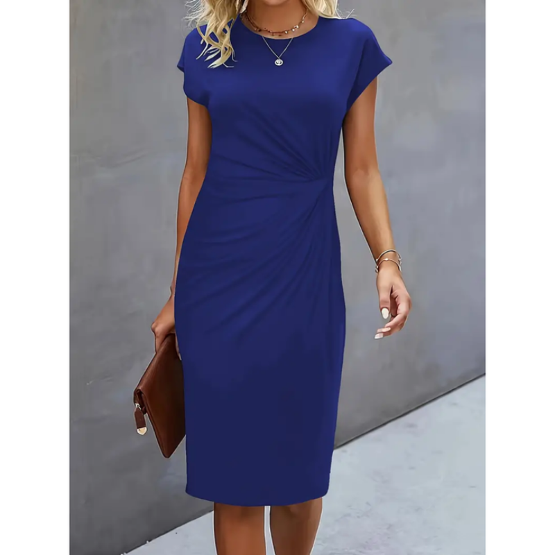 Sophisticated women's bodycon midi dress with ruched waist & cap sleeves, ideal for office or cocktail events.