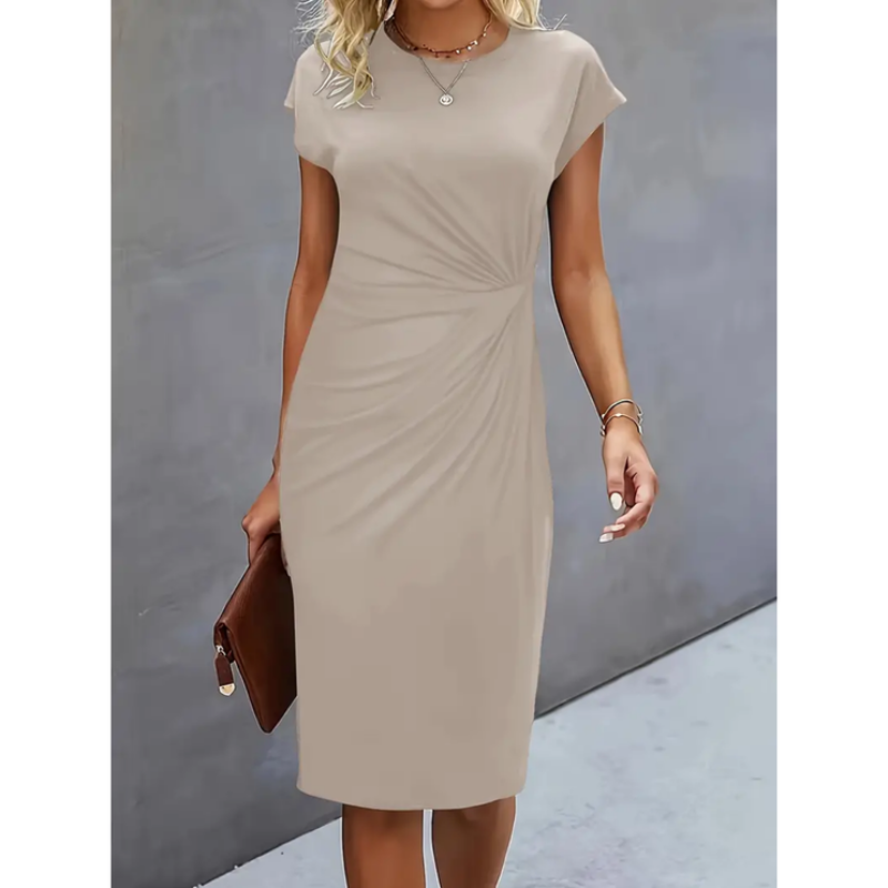Flattering women's formal midi dress, featuring a ruched waist, bodycon fit, and elegant cap sleeves.