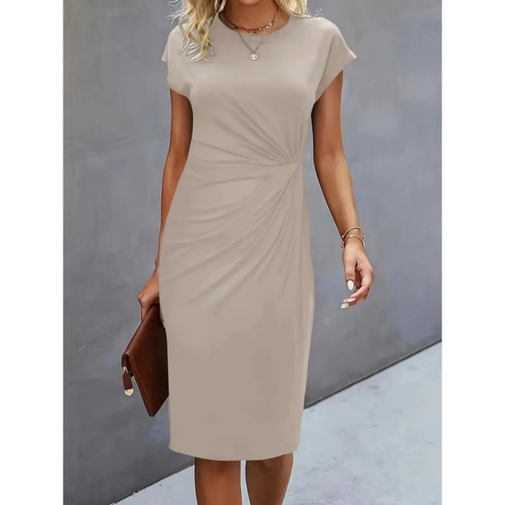 Flattering women's formal midi dress, featuring a ruched waist, bodycon fit, and elegant cap sleeves.