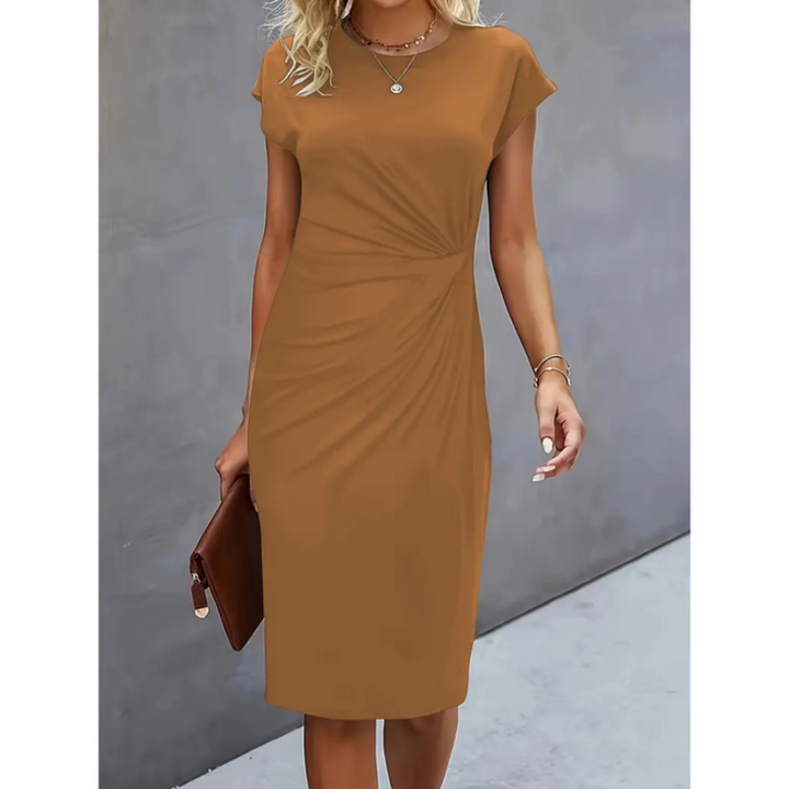 Women's elegant ruched bodycon midi dress with cap sleeves & crew neck, versatile for formal & evening wear.