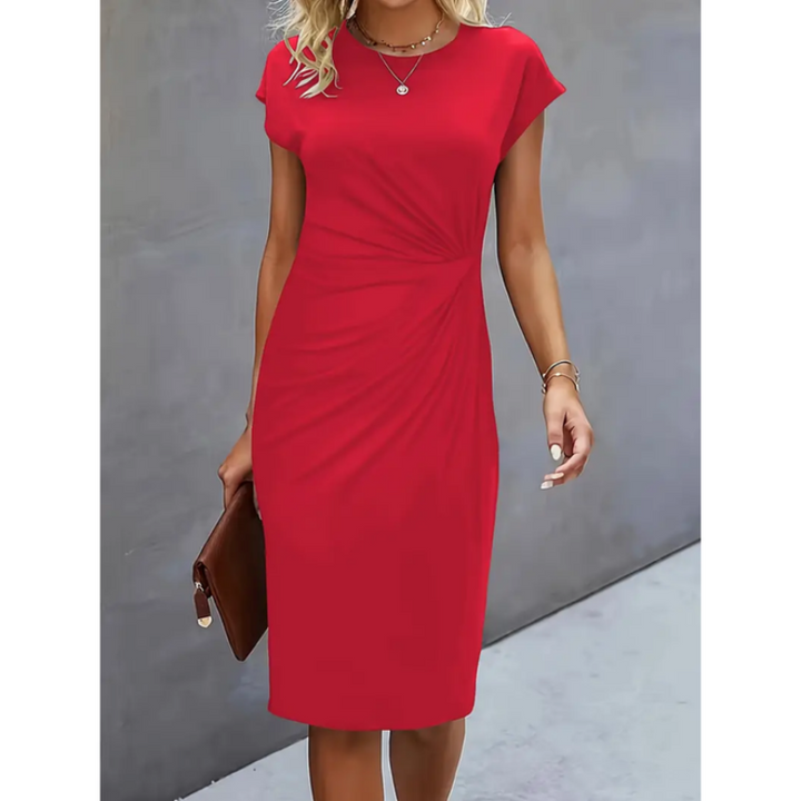 Chic women's formal midi dress, a flattering bodycon fit with ruched waist, perfect for special occasions.