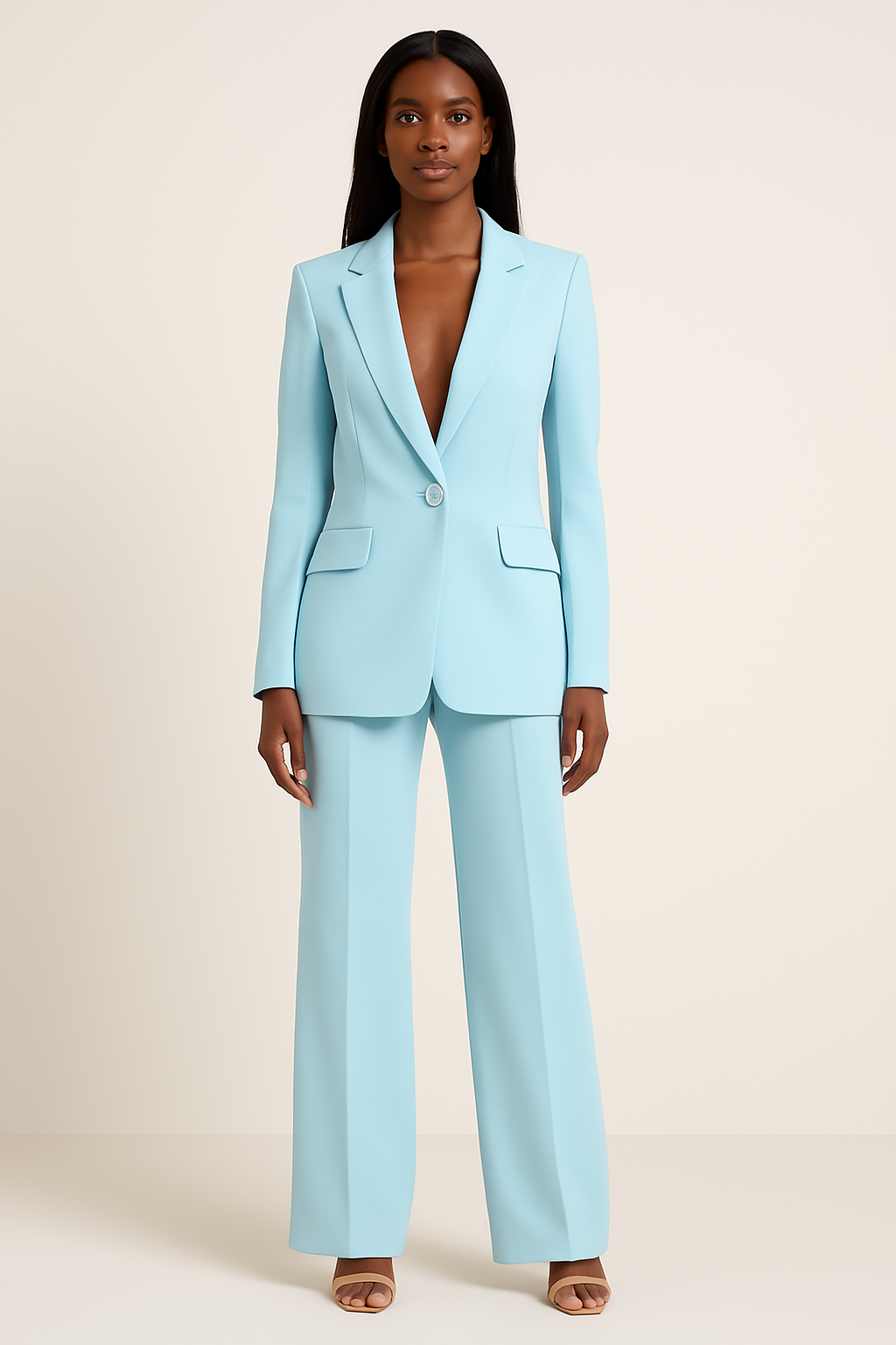 Elegant women's formal suit set featuring a long blazer & tailored trousers, perfect for business & events.