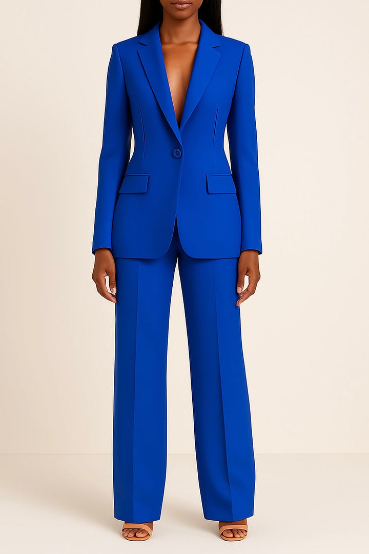 Professional women's business attire: a formal long blazer suit set with perfectly tailored trousers for office.