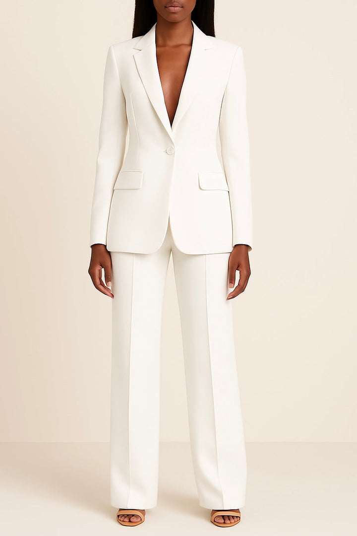 Ladies' formal two-piece suit with an elegant long blazer and tailored dress pants for professional women.