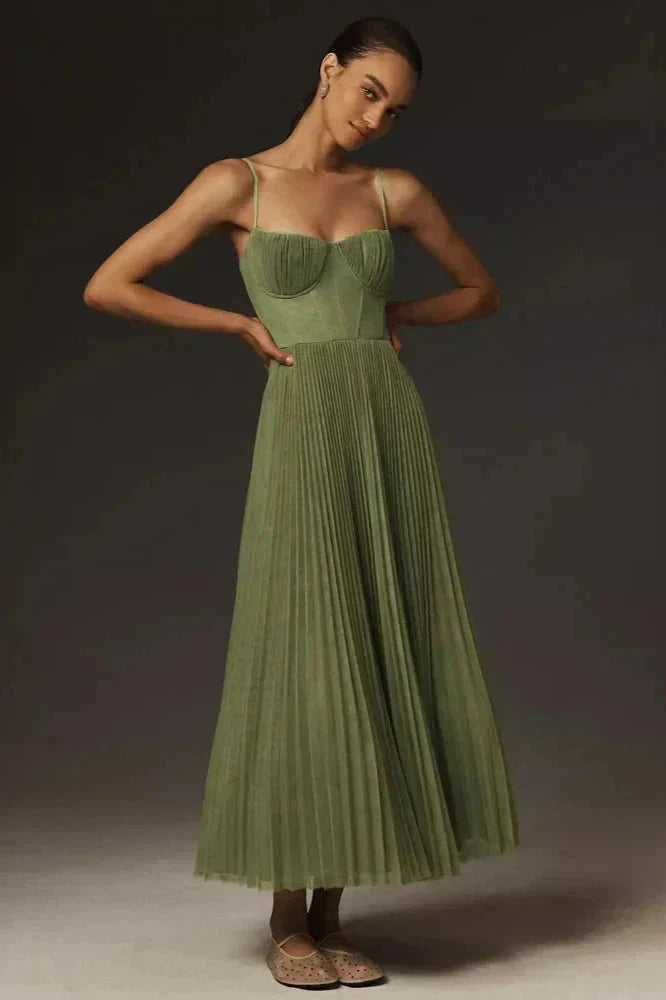 Elegant women's green pleated strappy maxi dress, perfect for an evening summer event